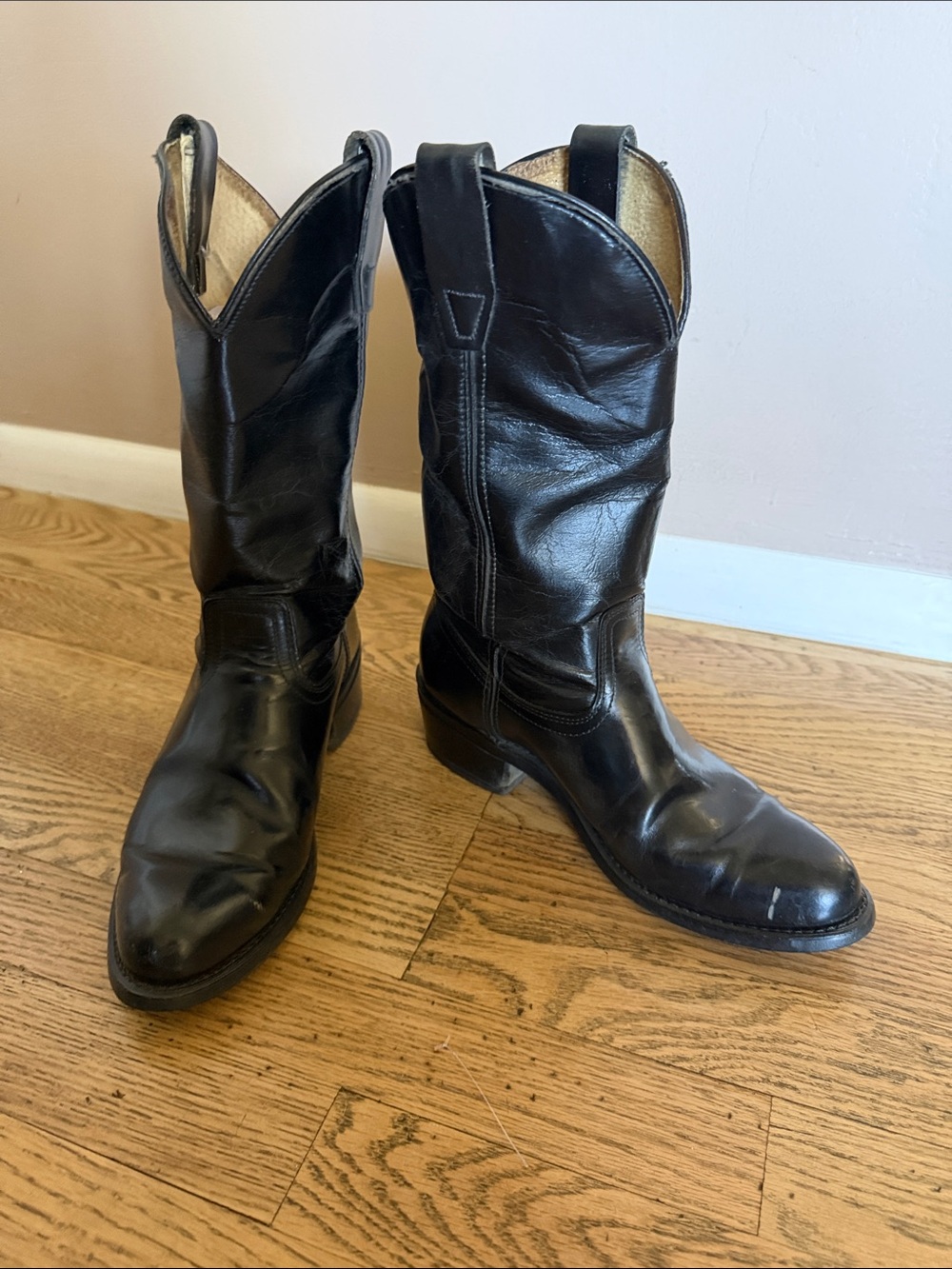 Acme Vulcan Vintage Black Leather Roper Cowboy Boots, Men’s Sz 8/Women’s 9